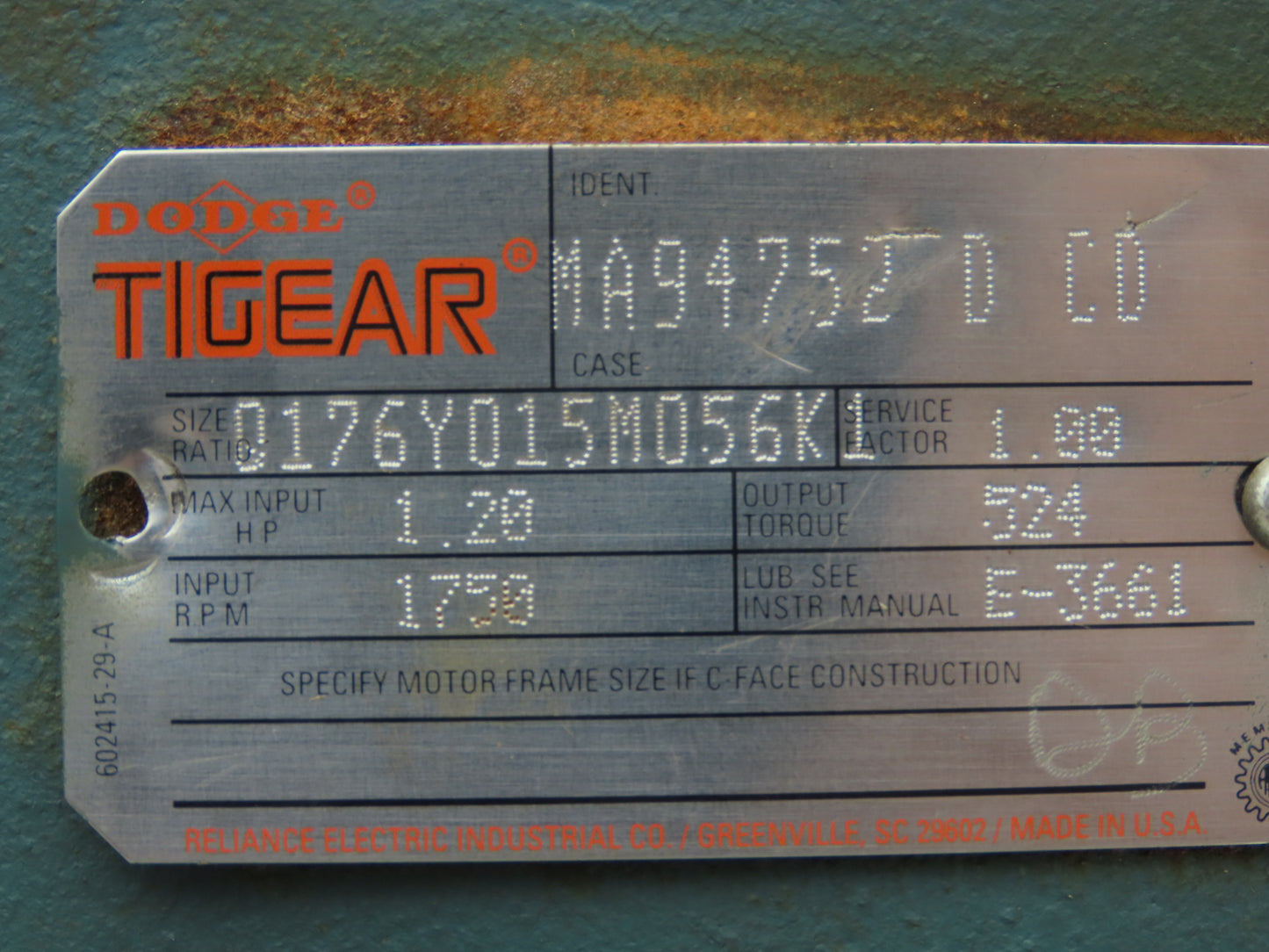 Dodge Tigear Q176Y015M056K1 Worm Gearbox 15:1 Reducer 1.2Hp 117rpm 56C LH Output