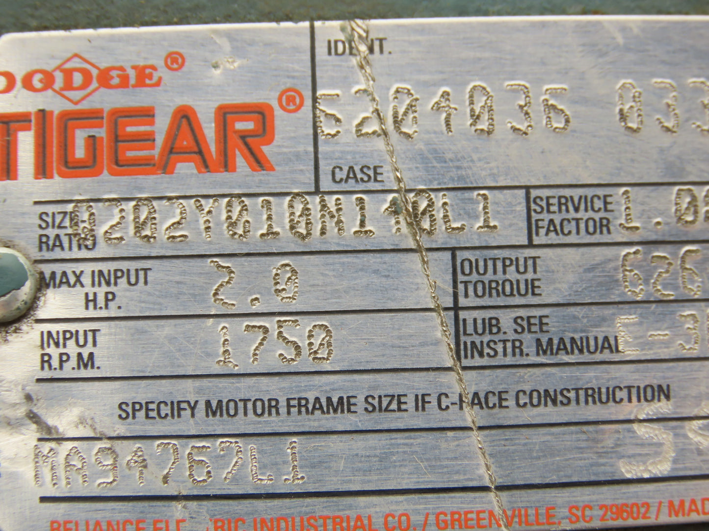 Dodge Tigear Q202Y010N140L1 Worm Gearbox 10:1 Reducer 2Hp 175rpm 140TC RH Output