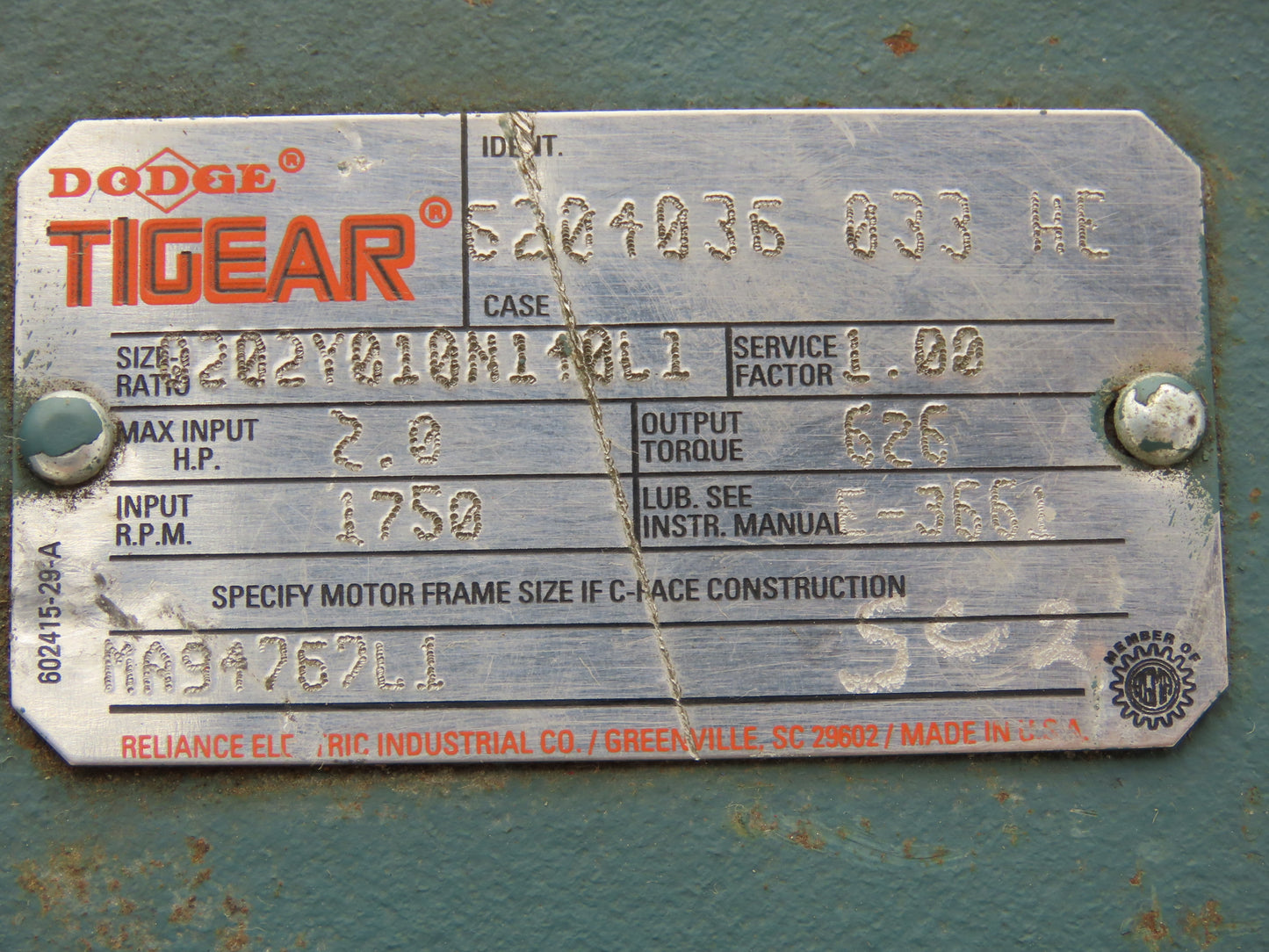 Dodge Tigear Q202Y010N140L1 Worm Gearbox 10:1 Reducer 2Hp 175rpm 140TC RH Output