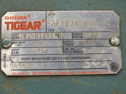 Dodge Tigear Q202Y010N140L1 Worm Gearbox 10:1 Reducer 2Hp 175rpm 140TC RH Output