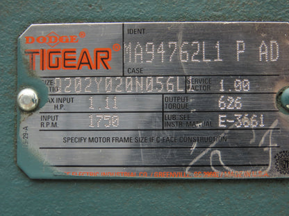 Dodge Tigear Q202Y020N056L1 Worm Gearbox 20:1 Reducer 1Hp 88rpm 56C RH Output