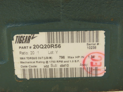 Dodge Tigear 2 20Q20R56 Worm Gearbox 20:1 Reducer 1.3Hp 88rpm 56C RH Output