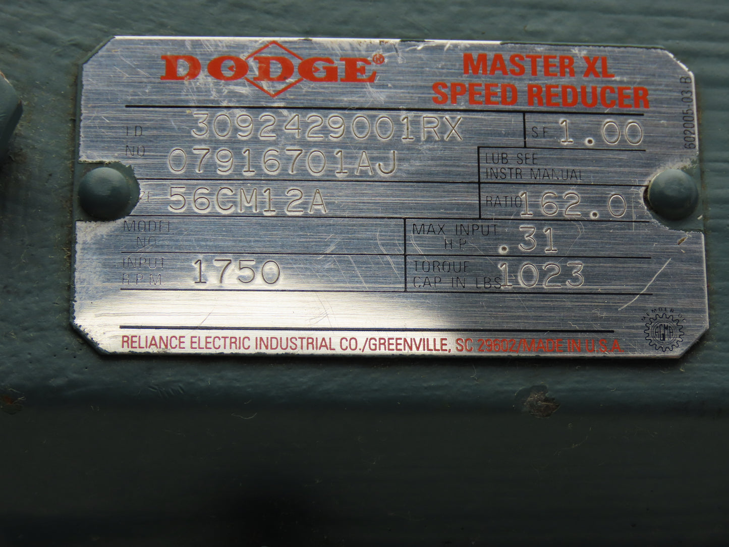 Dodge 56CM12A Master XL Speed Reducer 162:1 Gearbox 0.3Hp 11rpm 56C RH Output