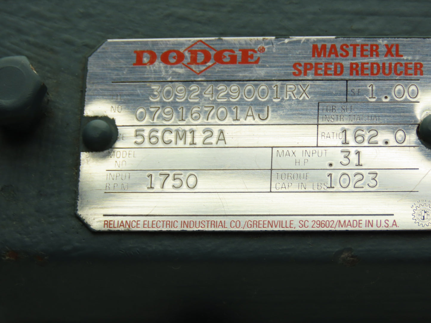Dodge 56CM12A Master XL Speed Reducer 162:1 Gearbox 0.3Hp 11rpm 56C RH Output