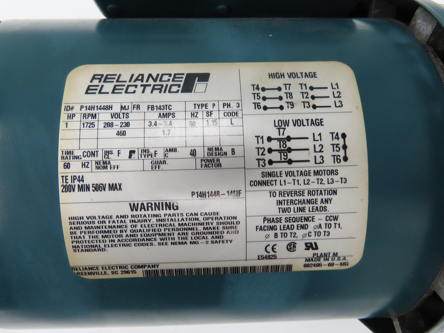 Reliance P14H1448H Gearmotor 20:1 Tigear Reducer 88rpm 1Hp 230/460V 143TC LH