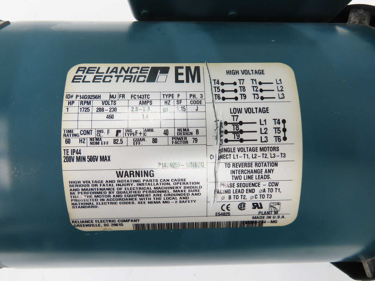 Reliance P14G9256H Gearmotor 12:1 Tigear Reducer 144rpm 1Hp 230/460V 143TC LH