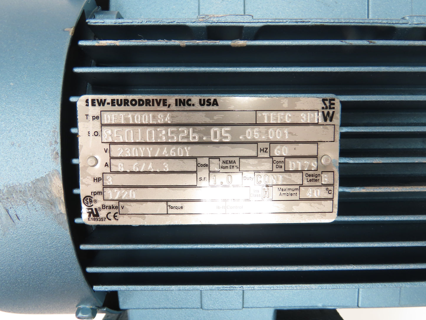 Sew Eurodrive KAZ57DT100LS4 Gearmotor 45rpm 38.5:1 3Hp 230/460V 1.5"Hollow Shaft