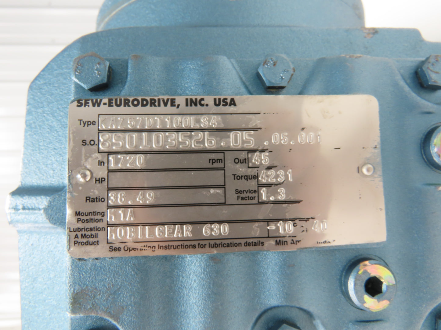 Sew Eurodrive KAZ57DT100LS4 Gearmotor 45rpm 38.5:1 3Hp 230/460V 1.5"Hollow Shaft