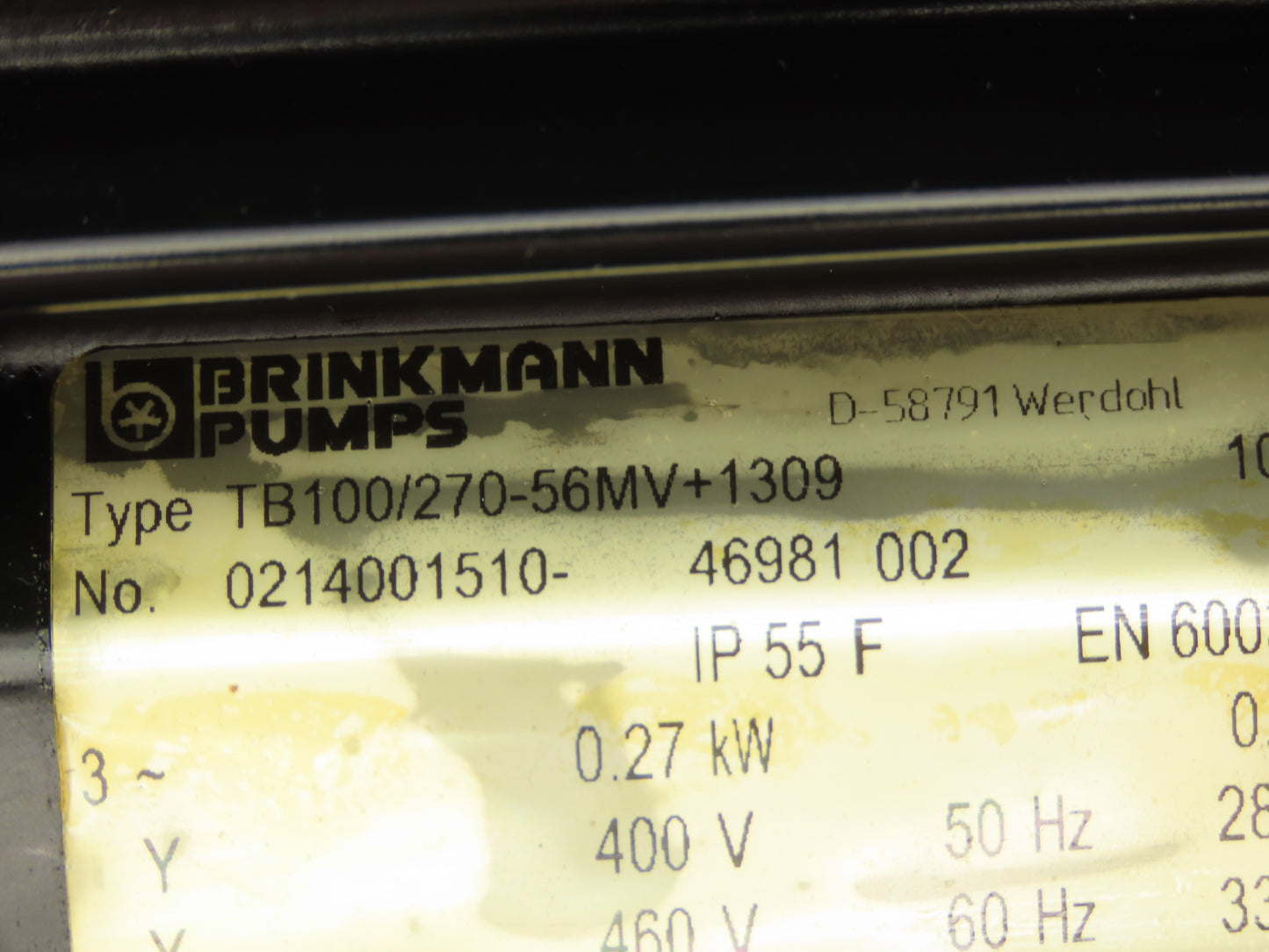 Brinkmann TB100/270-56MV+1309 Immersion Coolant Pump 100 L/min .27kW 460V 3PH