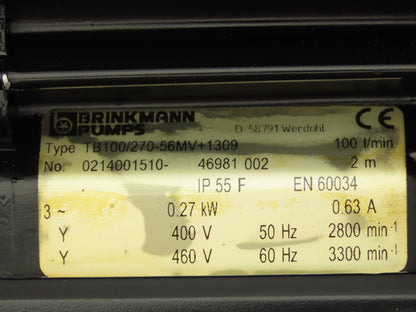 Brinkmann TB100/270-56MV+1309 Immersion Coolant Pump 100 L/min .27kW 460V 3PH