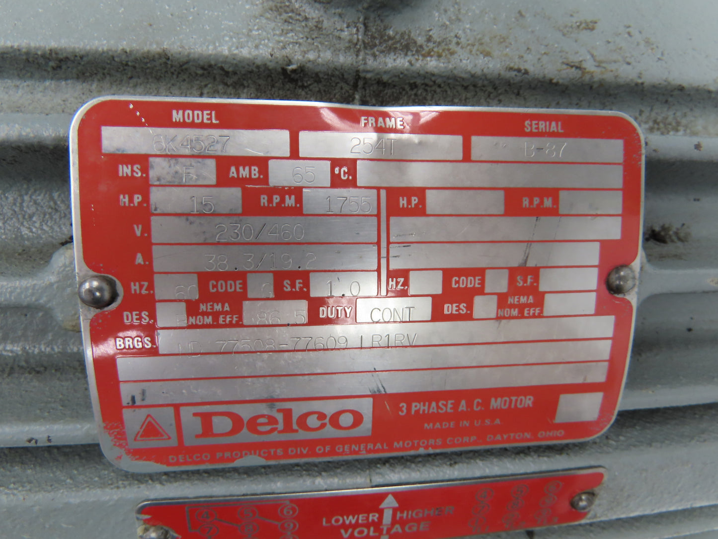 Delco 6K4527 AC Motor 15Hp 1755 RPM 230/460V 3PH 254T Frame TEFC
