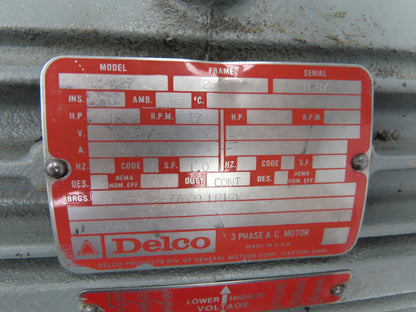 Delco 6K4527 AC Motor 15Hp 1755 RPM 230/460V 3PH 254T Frame TEFC