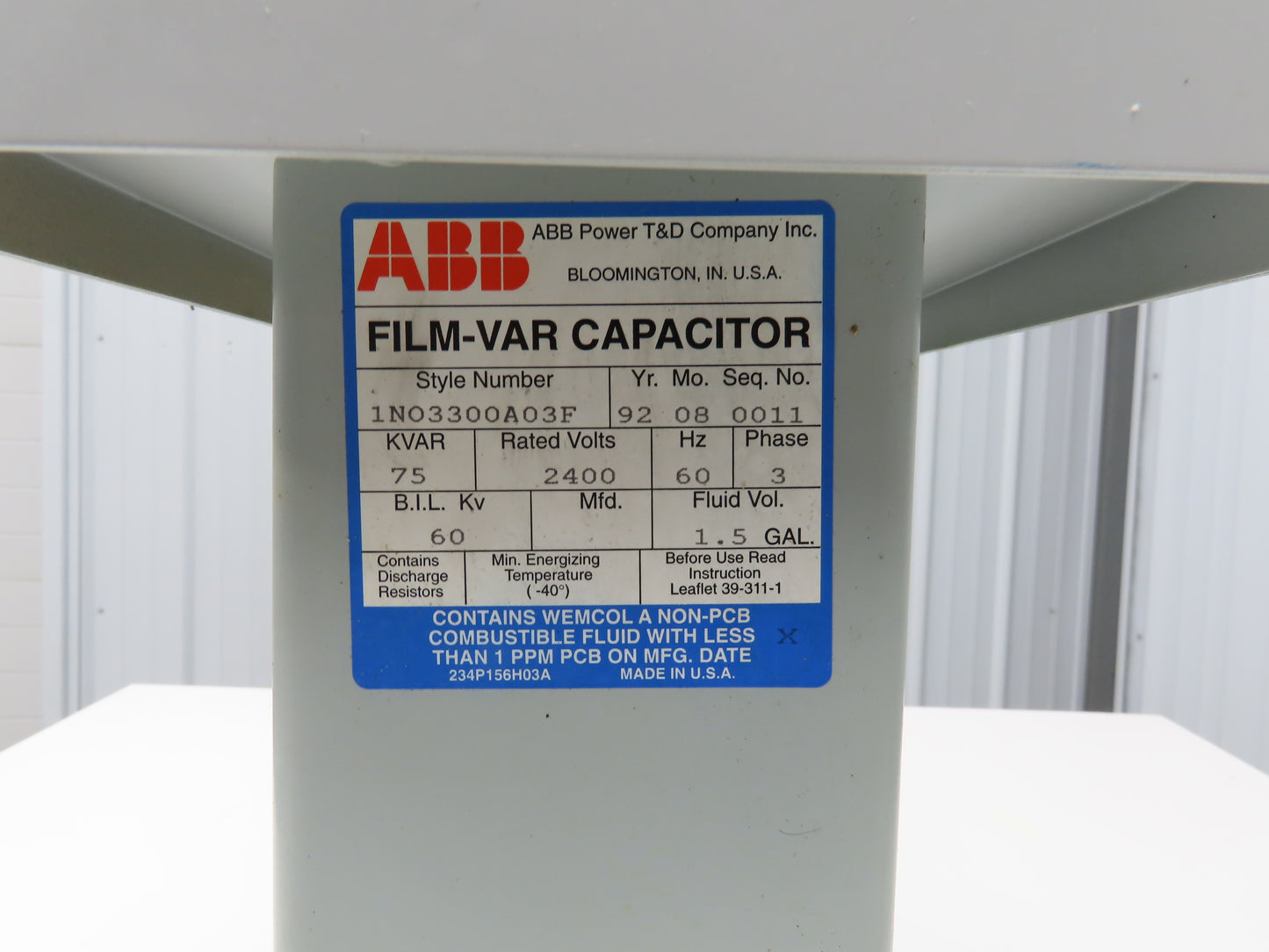 ABB 6002C14A05 75KVAR Waterproof Capacitor Assembly 3Ph Rated 2400V 60Hz