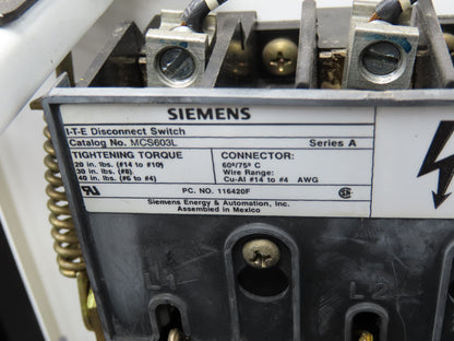 Siemens 32-89258 Combination Bucket Breaker MCC Starter Fused 600VAC 10HP 3Ph