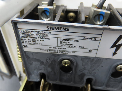 Siemens 32-89258 Combination Bucket Breaker MCC Starter Fused 600VAC 10HP 3Ph