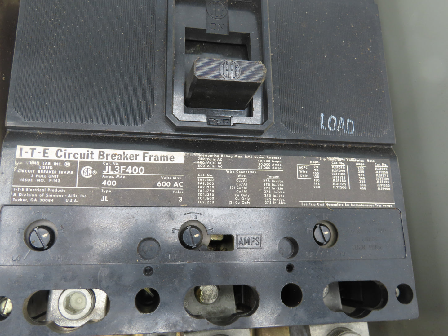 Gould BDJK4400 ITE BD Busway Bus Plug Disconnect 400A Breaker 600V 3P