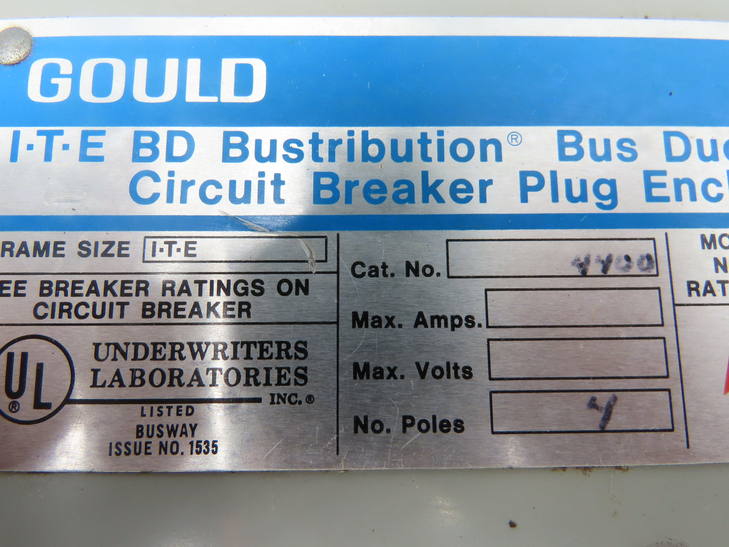 Gould BDJK4400 ITE BD Busway Bus Plug Disconnect 400A Breaker 600V 3P