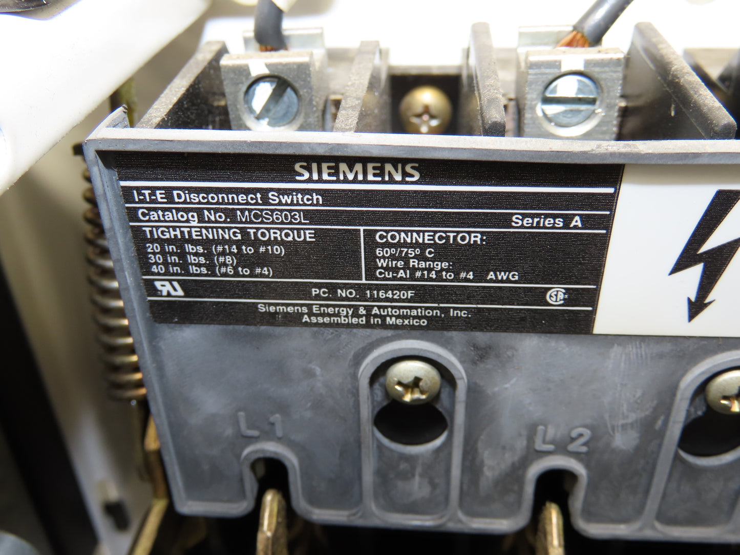 Siemens J-185 Combination Bucket Breaker MCC Starter Fused 600VAC 10HP 3Ph