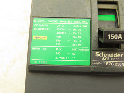 Schneider EZC 250N EasyPact Molded Case Circuit Breaker 150A 480VAC 3-Pole