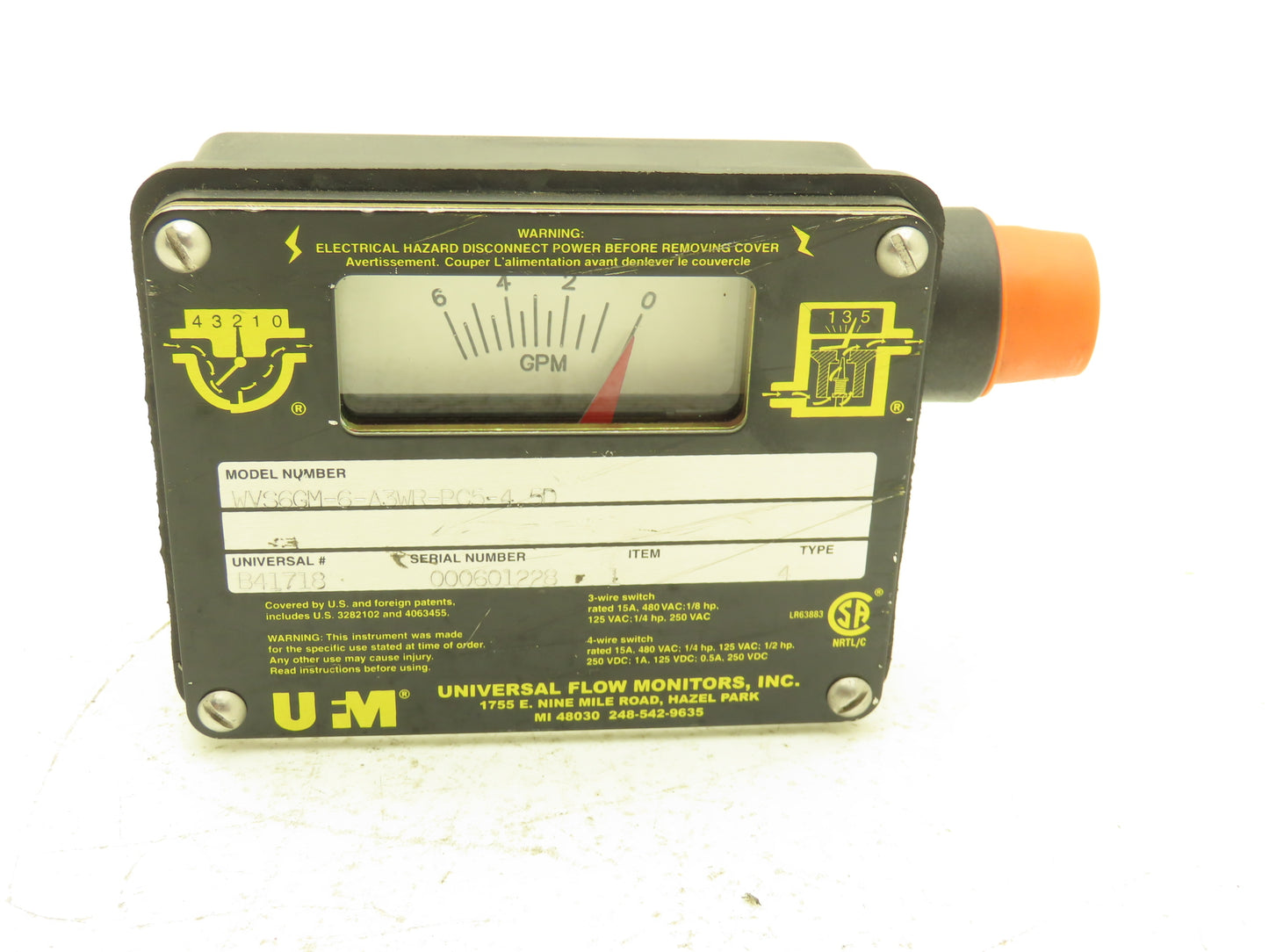 Universal Flow Monitors WVS6GM-6-A3WR-PC5-4.5D Flow Meter 6 GPM 3/4"NPT Bronze