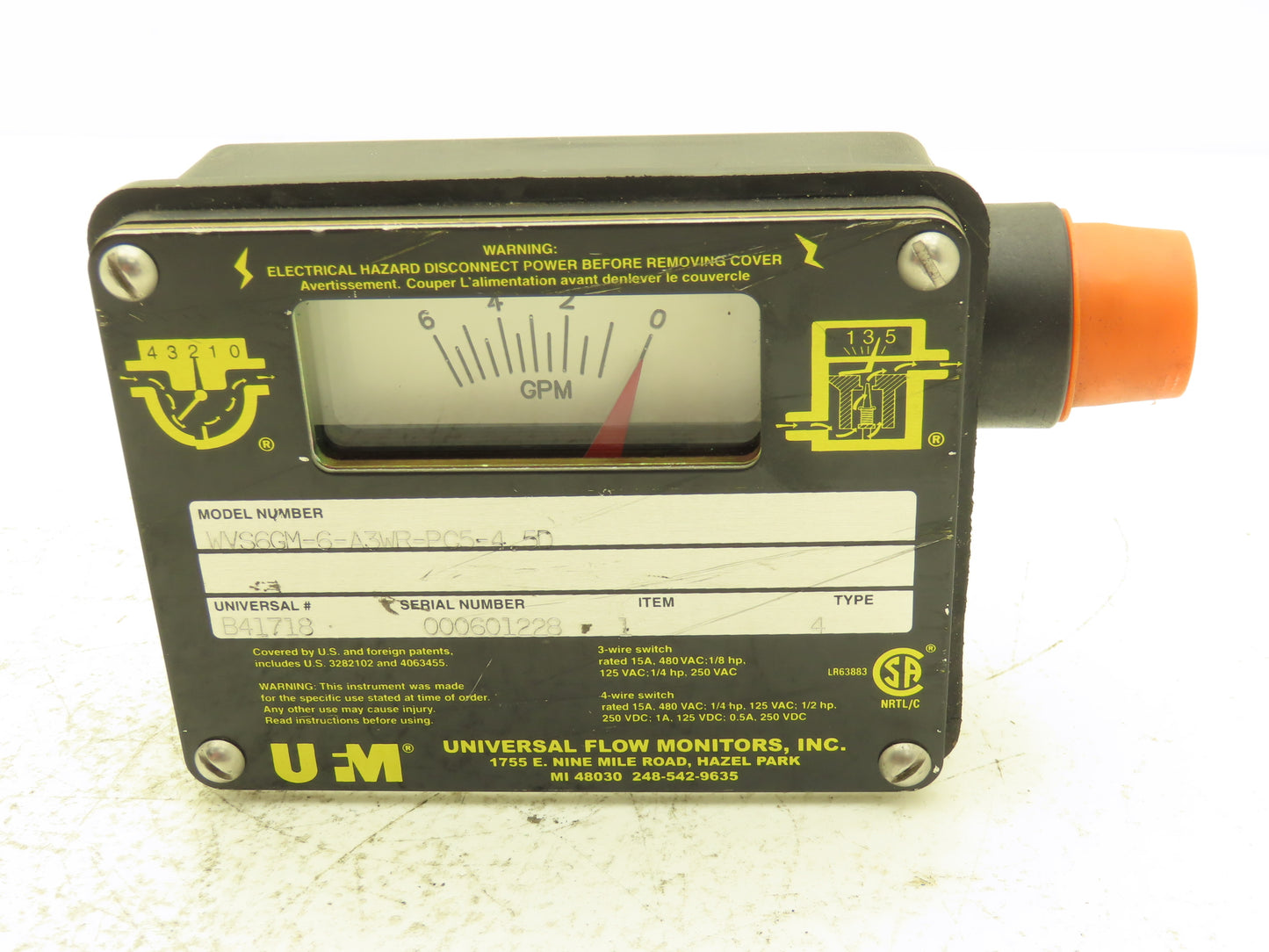 Universal Flow Monitors WVS6GM-6-A3WR-PC5-4.5D Flow Meter 6 GPM 3/4"NPT Bronze