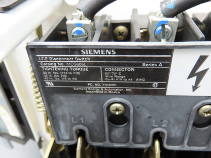 Siemens 30-89258 Bucket MCC Fused Motor Disconnect With 600V 50A Fuses