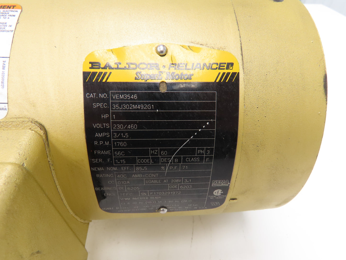 Baldor Reliance VEM3546 Super-E AC Motor 1Hp 1760 RPM 230/460V 3PH 56C TEFC