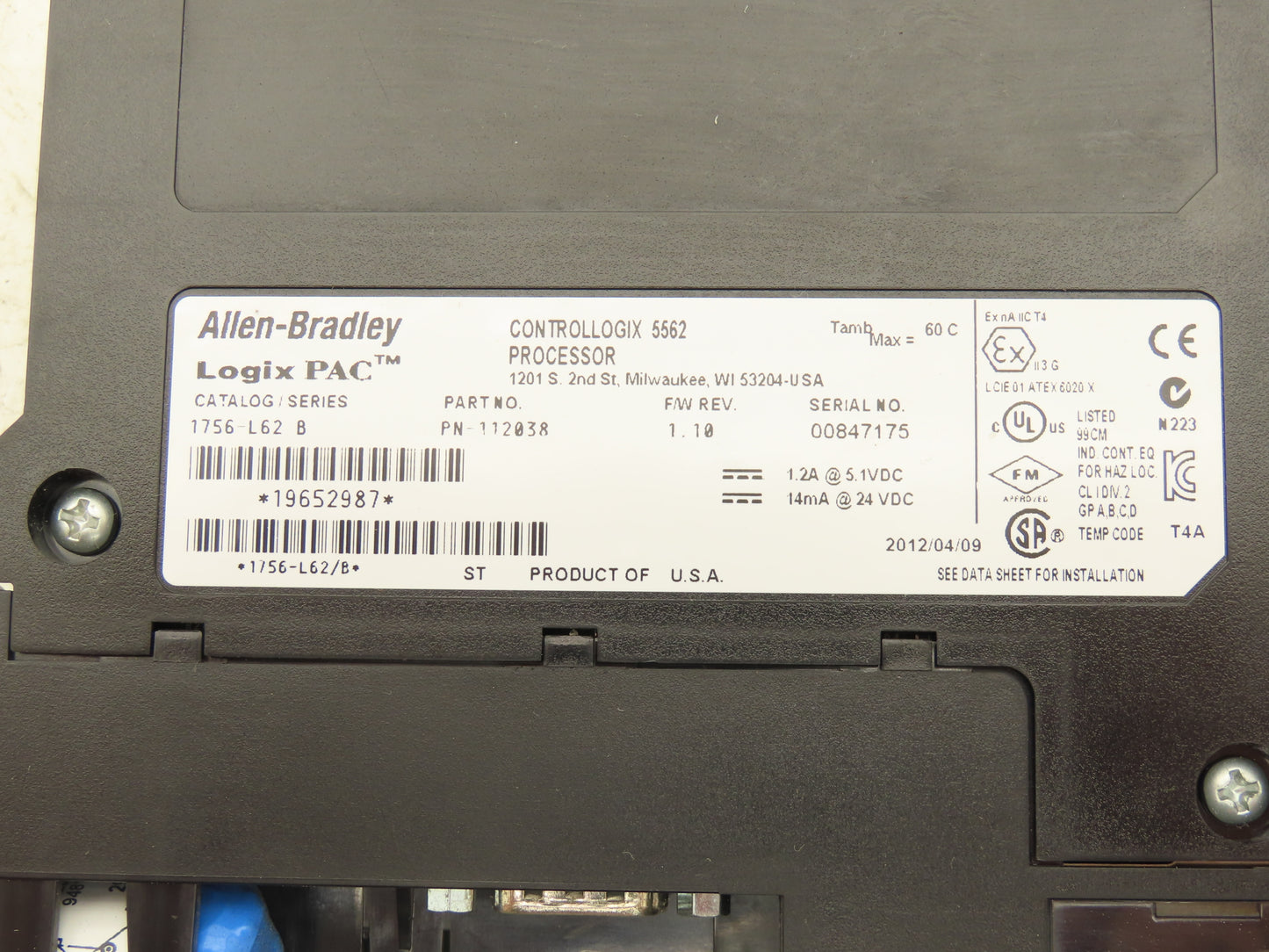 Allen Bradley 1756-L62 ControlLogix 5562 Processor Logix Pac Ser B Fw Rev 1.10