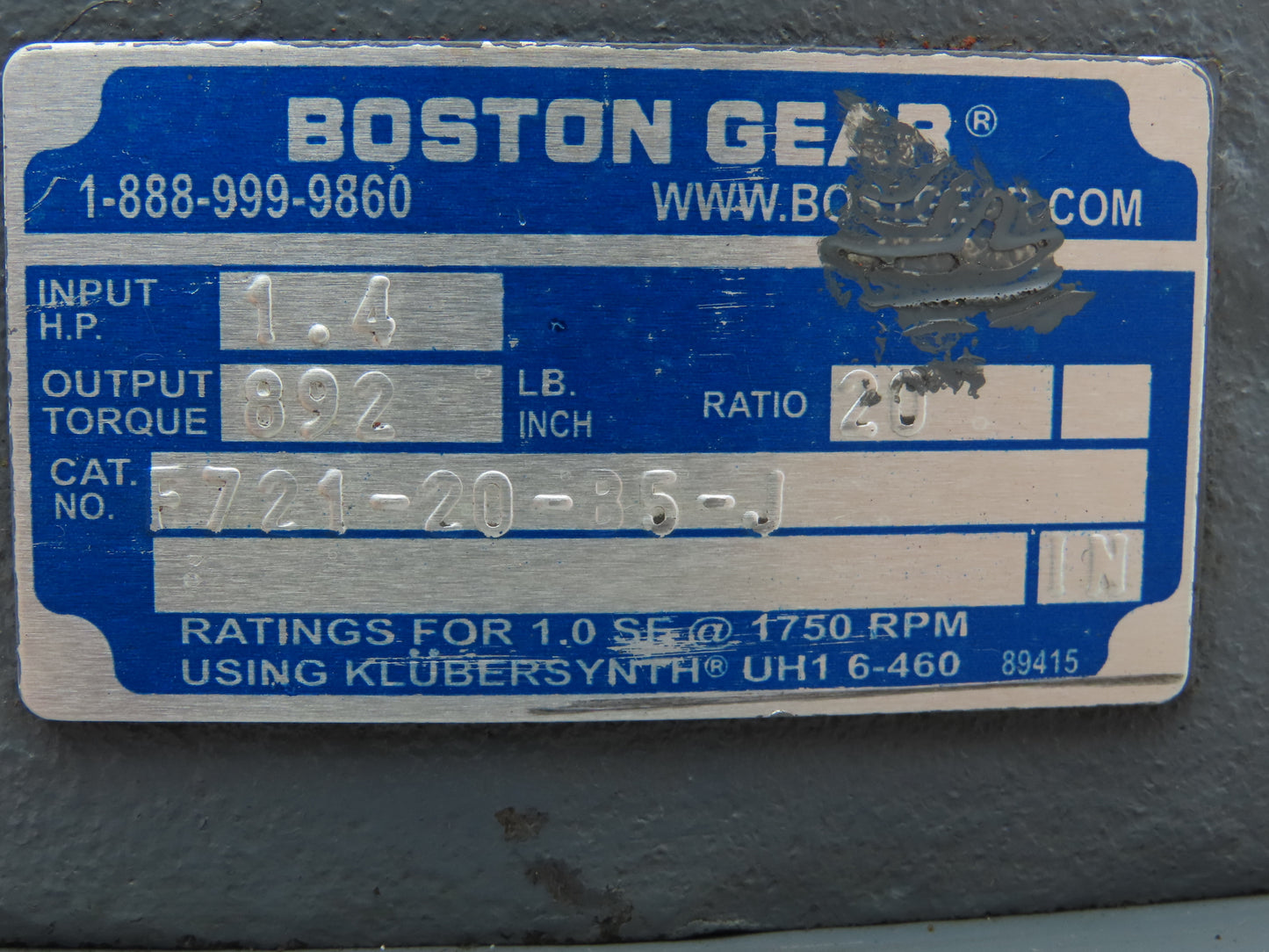 Boston Gear F721-20-B5-J Worm Gearbox 20:1 Reducer 88 RPM 1.4Hp 56C RH Output