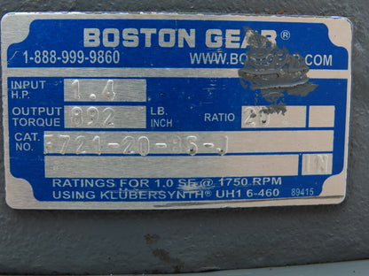 Boston Gear F721-20-B5-J Worm Gearbox 20:1 Reducer 88 RPM 1.4Hp 56C RH Output