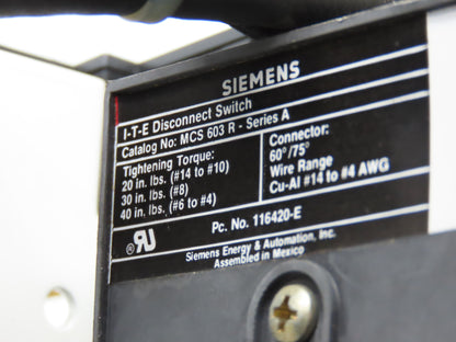 Siemens MCS603 Bucket MCC Fused Motor Disconnect With 600V Fuses One Missing