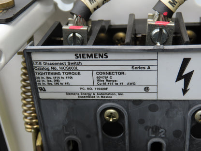 Siemens MCS603 Bucket MCC Fused Motor Disconnect With 600V Fuses One Missing