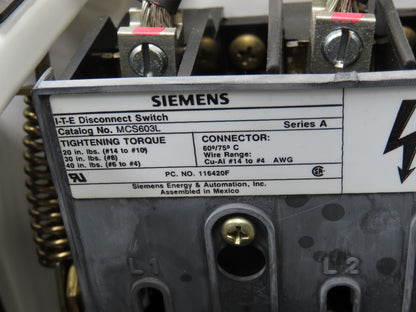 Siemens MCS603 Bucket MCC Fused Motor Disconnect With 600V Fuses One Missing