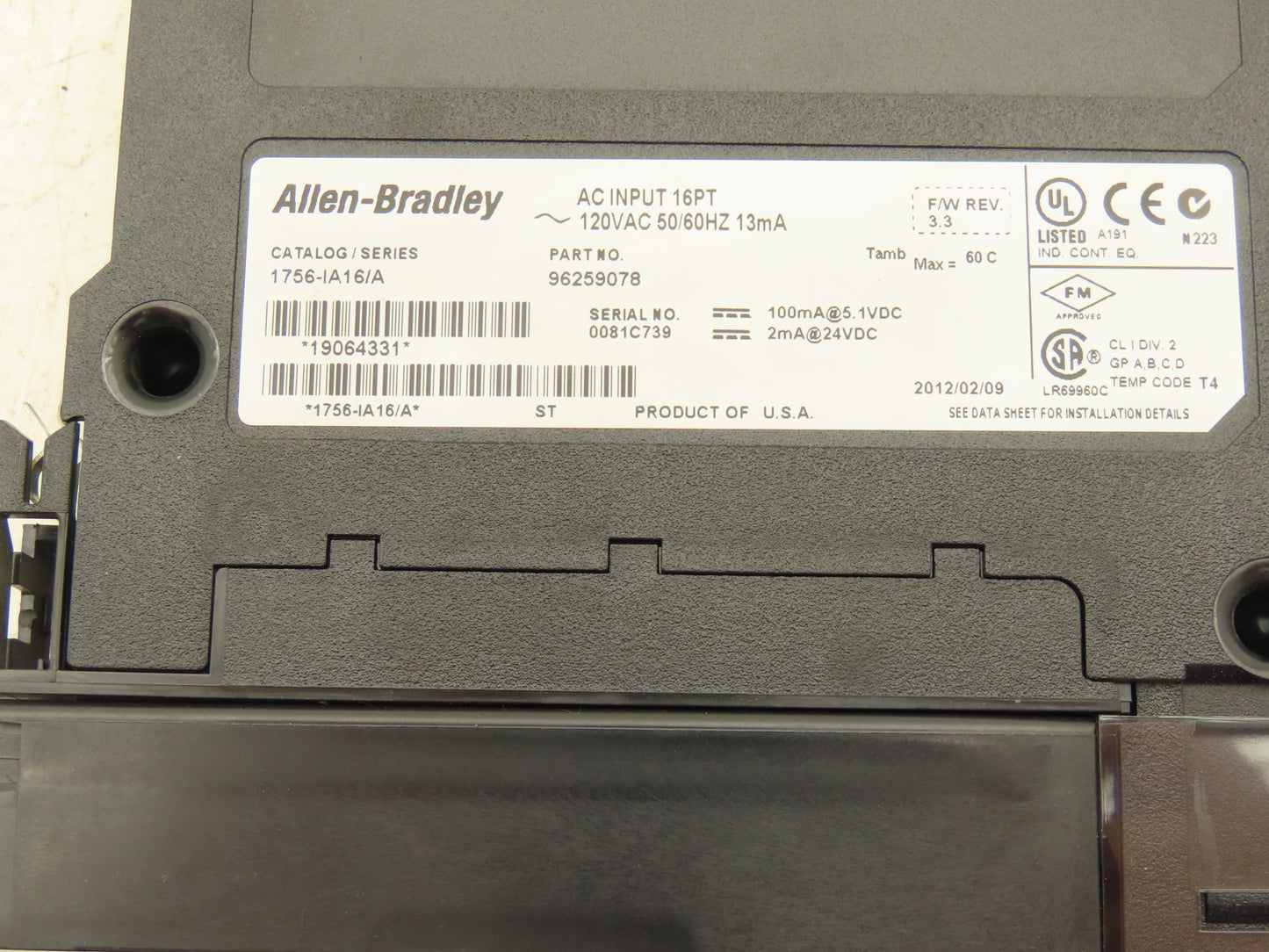 Allen Bradley 1756-IA16/A ControlLogix PLC AC Input Module 16PT 120VAC Rev 3.3