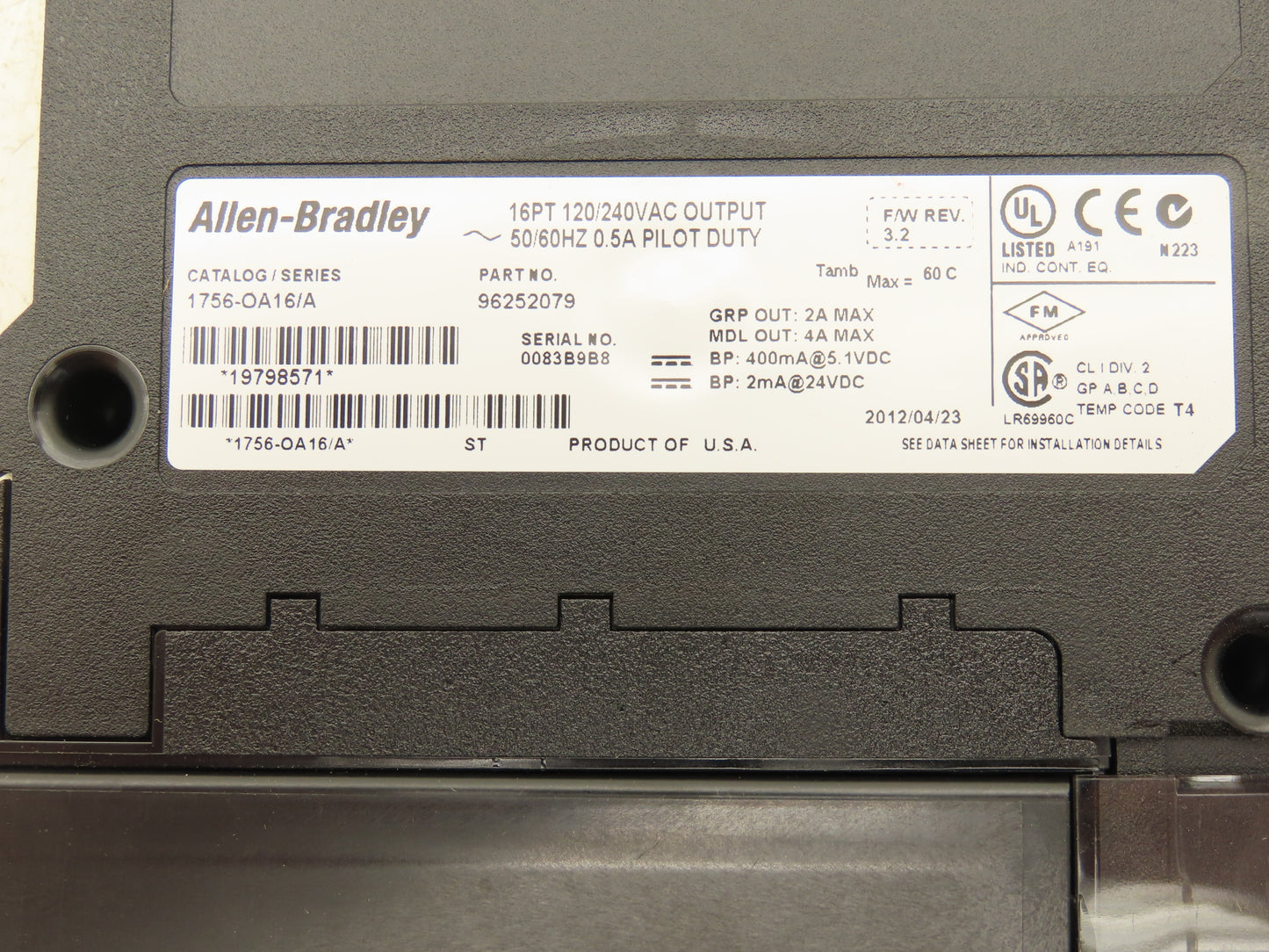 Allen Bradley 1756-OA16/A ControlLogix PLC 120/240VAC Output Module 16PT Rev 3.2