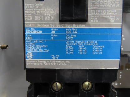 Siemens 51-42062 Bucket Two Breaker MCC 400/600VAC 15/30A 3 Pole 3Ph *Read