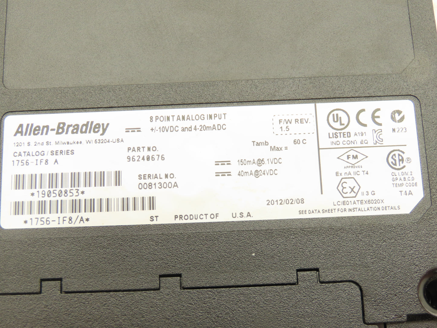 Allen Bradley 1756-IF8 ControlLogix 8 Point Analog Input Module F/W Rev 1.5