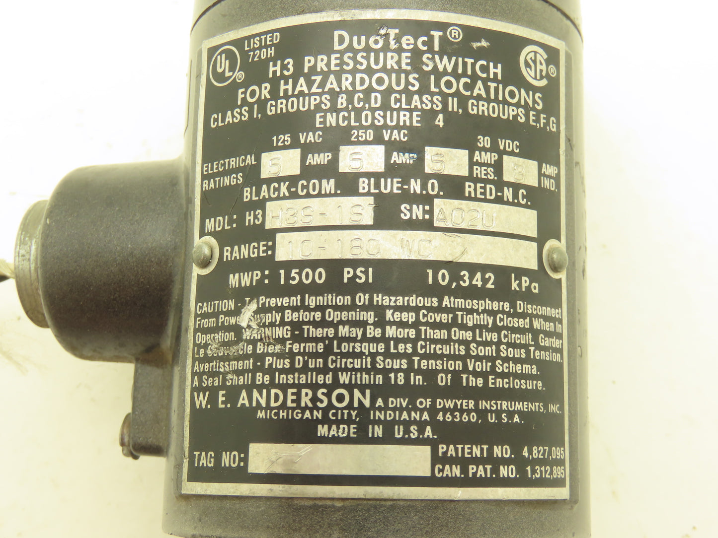 Duo Tect H3S-1ST Pressure Switch Hazardous Location 10-180 WC 125/250VAC 30VDC