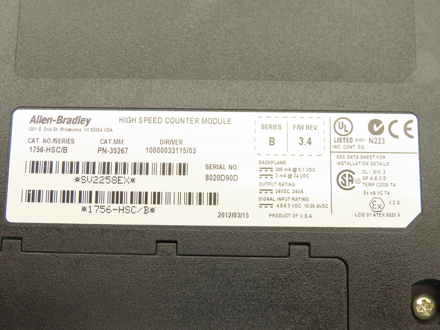 Allen Bradley 1756-HSC/B ControlLogix High Speed Counter Module F/W Rev 3.4
