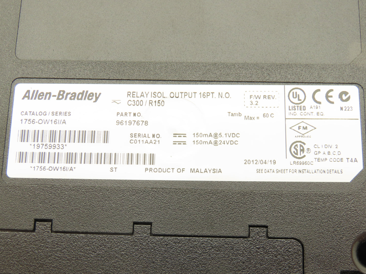 Allen Bradley 1756-OW16I ControlLogix 16PT Relay Isolated Output 24VDC Rev 3.2