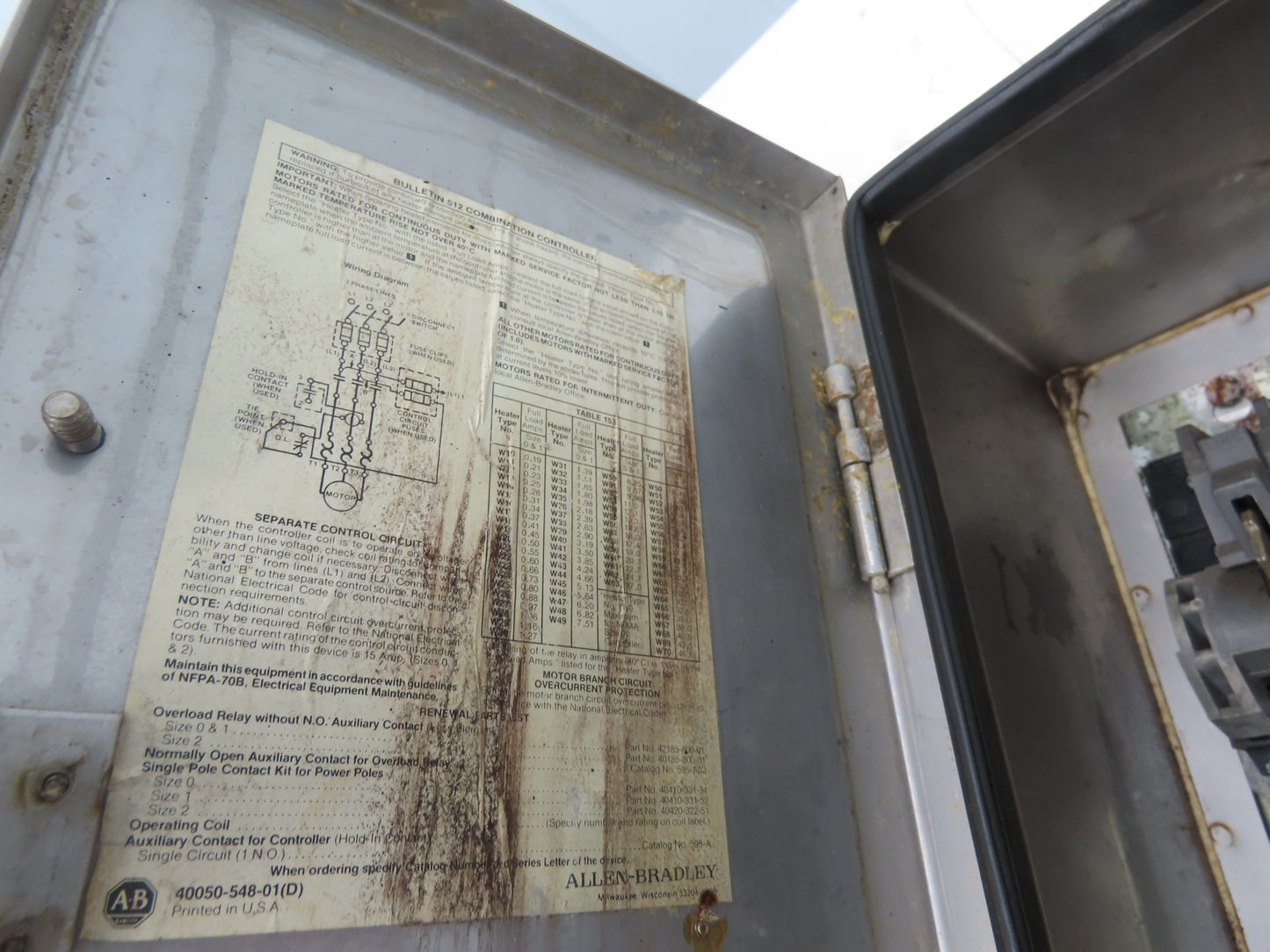 Allen Bradley 512-BCA-24 Combination Starter NEMA Size 1 Stainless 10HP 600V 3ph