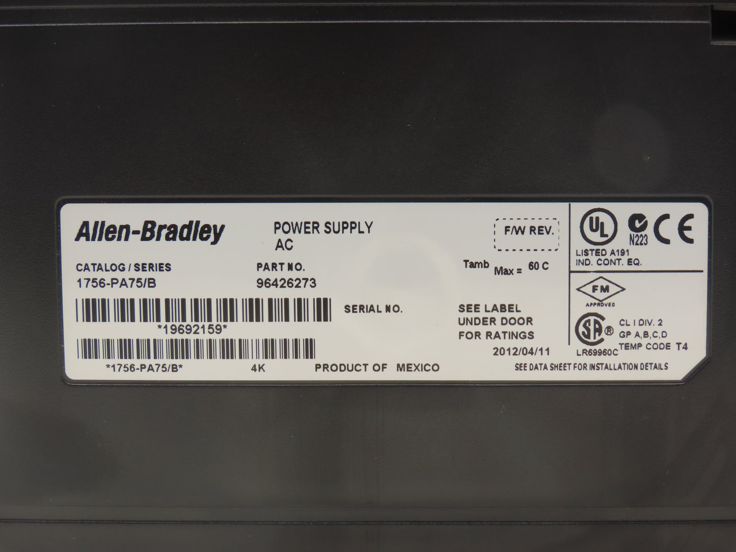 Allen Bradley 1756-PA75 ControlLogix PLC Rack AC Power Supply Module 120/240V