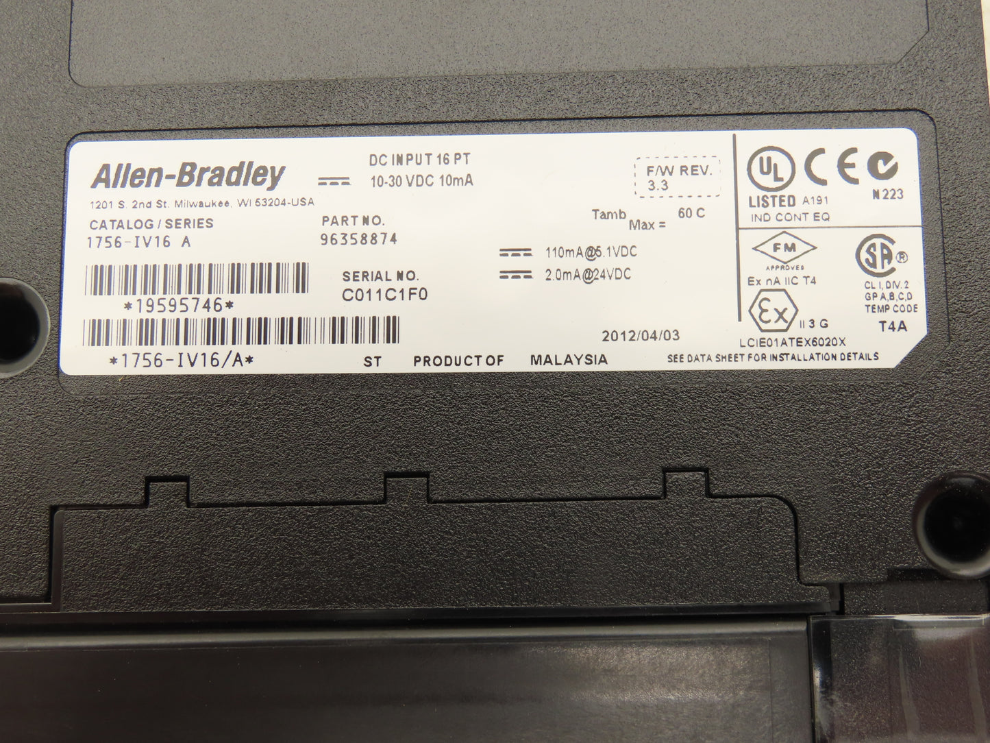 Allen Bradley 1756-A17 ControlLogix Series B 17-Slot Chassis w/ 3 Input Modules