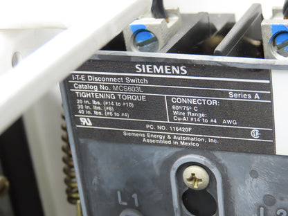 Siemens MCS603L Combination Bucket Breaker MCC Fused 600VAC 3Ph No Starter