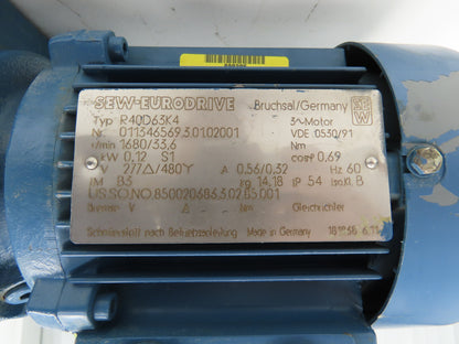SEW-EURODRIVE R40D63K4 Inline Gearmotor 50:1 Ratio 33.6 RPM .16HP 277-480VAC 1"