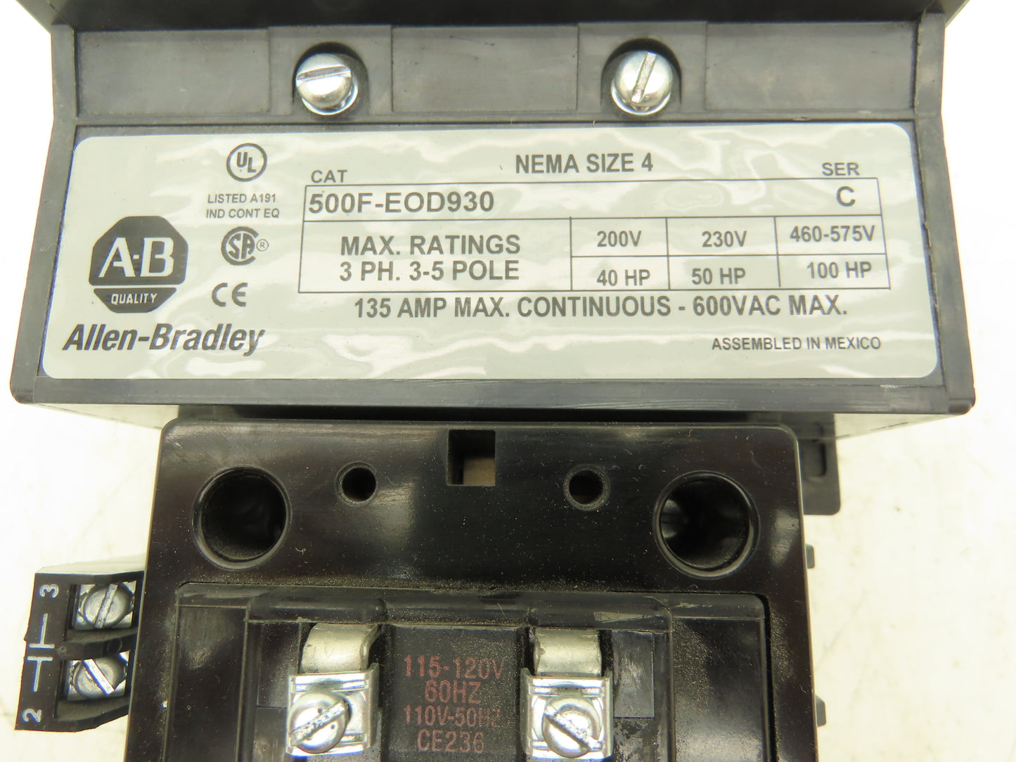 Allen Bradley 500F-EOD930 Motor Starter Contactor 100HP 135A 600VAC 3Ph Ser C