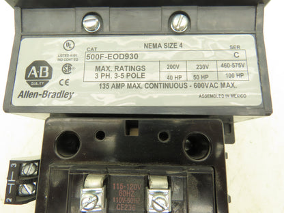 Allen Bradley 500F-EOD930 Motor Starter Contactor 100HP 135A 600VAC 3Ph Ser C