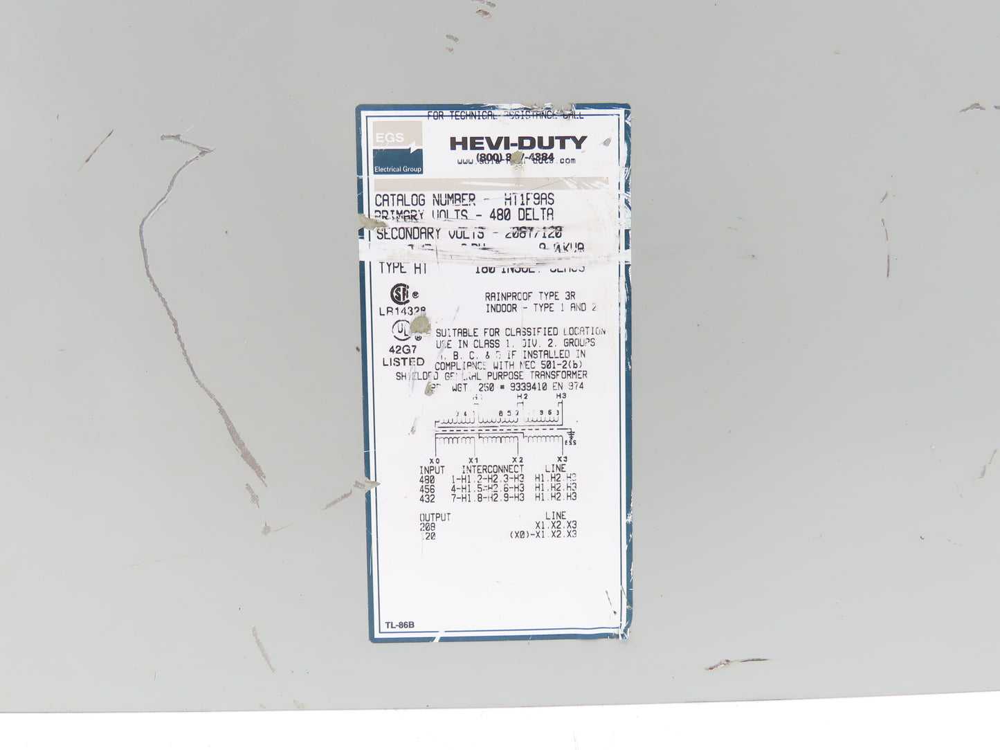 EGS Sola Hevi-Duty HT1F9AS Transformer 9KVA 480V Delta - 208Y/120V 3PH Type 3R