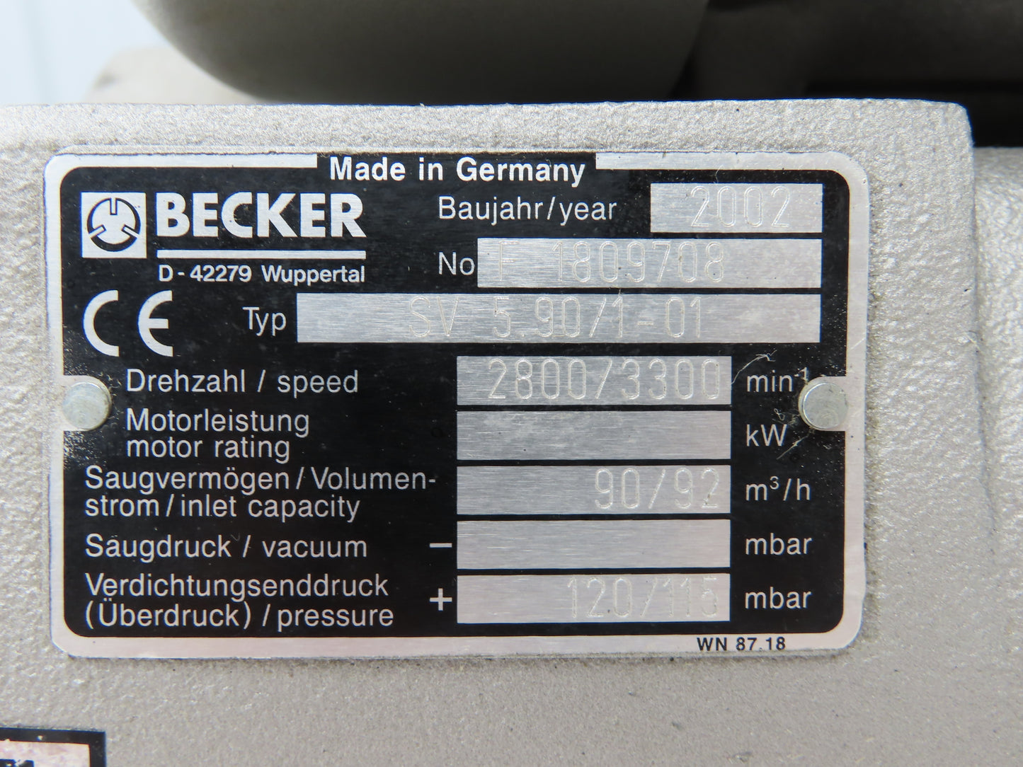 Becker SV5.90/1-01 Regenerative Vacuum Blower 92 CMH .44KW 230/460 3PH 50/60HZ