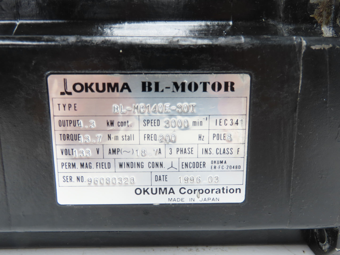 Okuma BL-MC140E-30T BL Servo Motor 4.3kw 133VAC 3000 RPM ER-FC-2048D